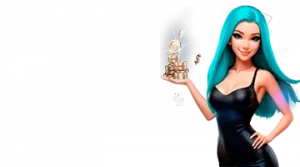 Изображение женского персонажа, держащего стопку монет, рекламирующего приветственный бонус в интернет-казино Либет в игривом и привлекательном стиле.